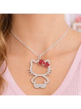 Hello Kitty Rhinestone Pendant Necklace – Sparkling Silver Charm Jewelry NWOT